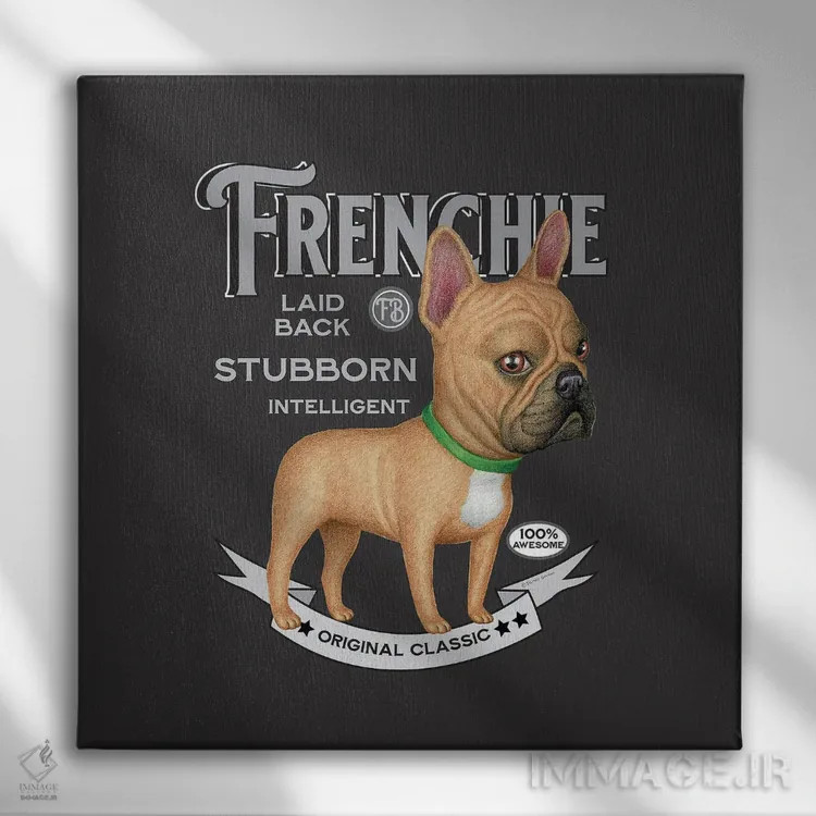 تابلو فرنچ بولداگ با قلاده سبز به سبک قدیمی اثر دنی گوردون - نمای روبهرو روی دیوار