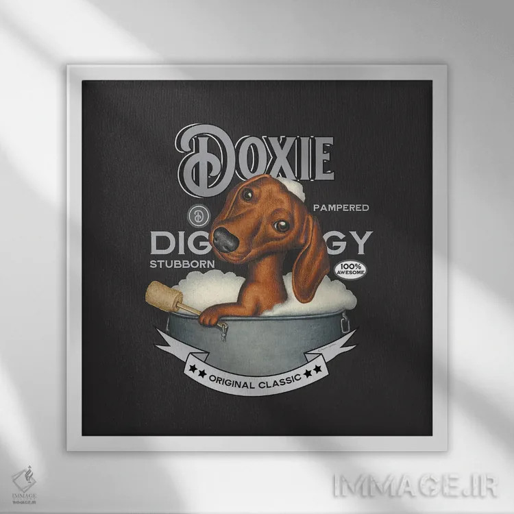 تابلو سگ داشهوند در وان حمام با سبک قدیمی اثر دنی گوردون - نمای قابدار سفید