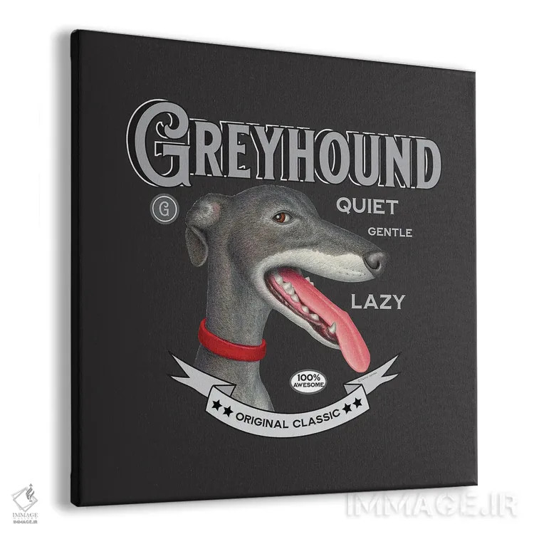 تابلو سگ گریهاند خاکستری با قلاده قرمز به سبک قدیمی اثر دنی گوردون - نمای پرسپکتیو محصول