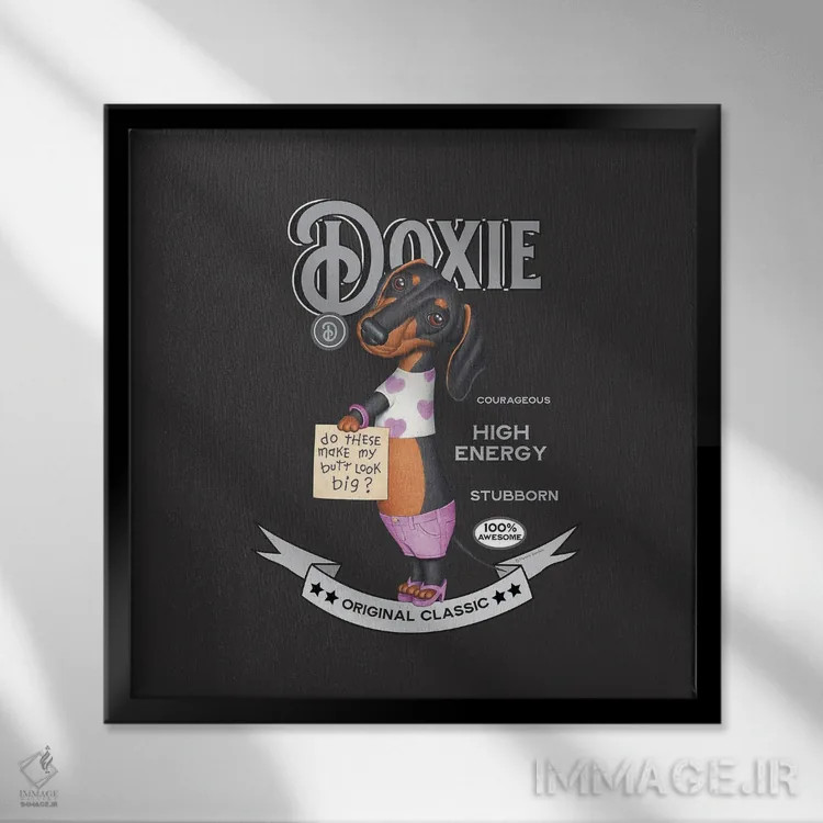 تابلو سگ داشهوند مشکی با کفش پاشنهبلند به سبک قدیمی اثر دنی گوردون - نمای قابدار مشکی