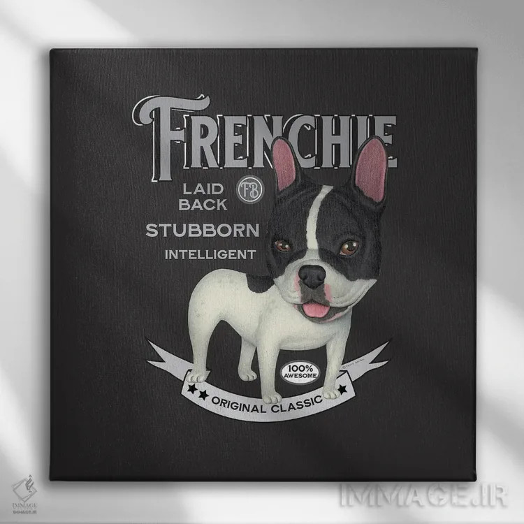 تابلو فرنچ بولداگ سیاه و سفید به سبک قدیمی اثر دنی گوردون - نمای روبهرو روی دیوار