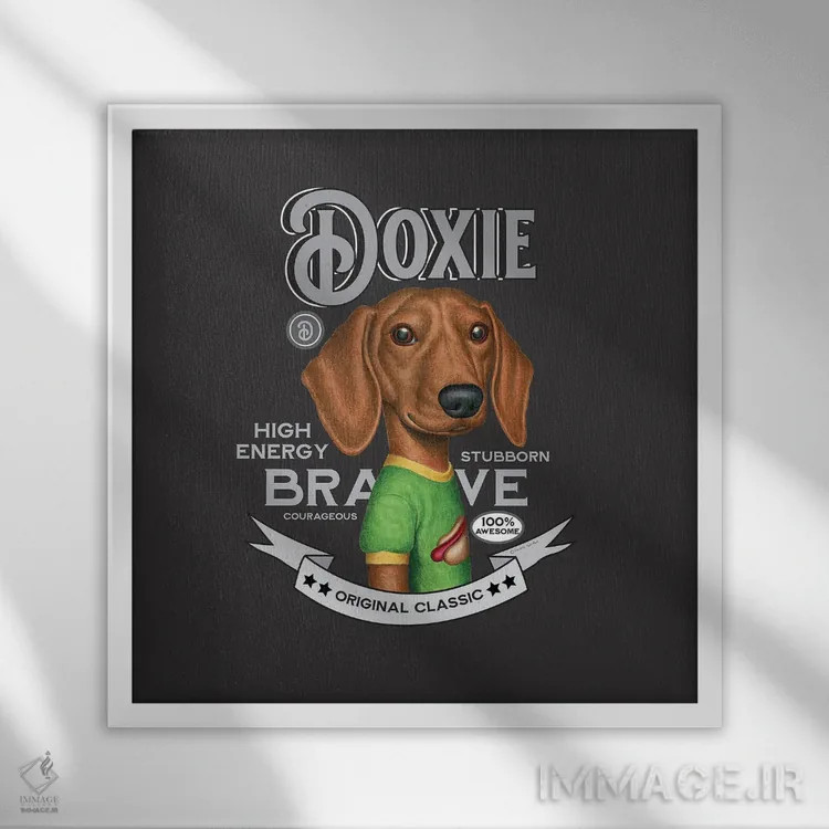 تابلو داشهوند با لباس بالاتنه سبز به سبک قدیمی اثر دنی گوردون - نمای قابدار سفید