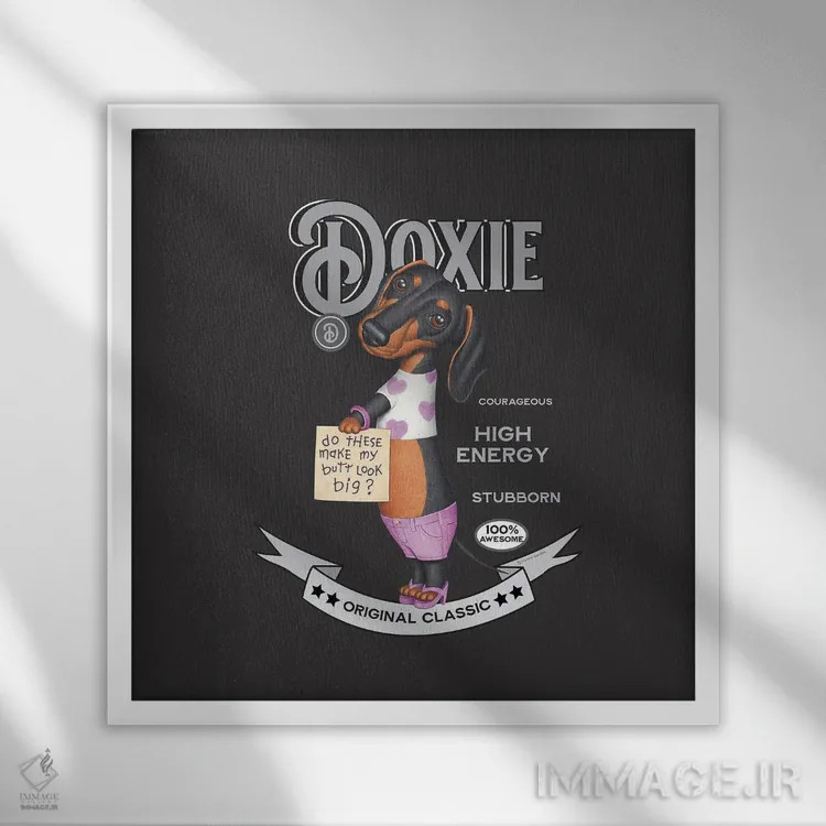 تابلو سگ داشهوند مشکی با کفش پاشنهبلند به سبک قدیمی اثر دنی گوردون - نمای قابدار سفید