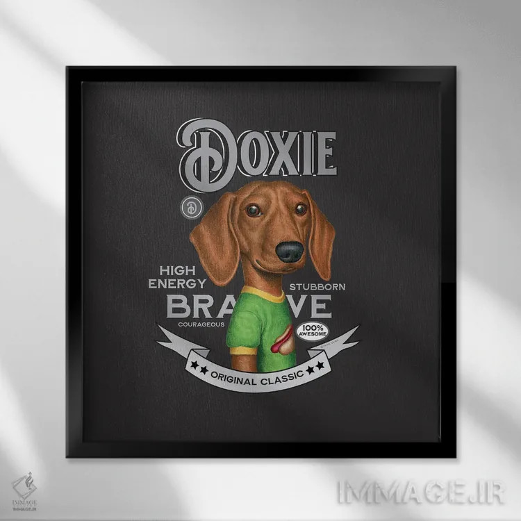 تابلو داشهوند با لباس بالاتنه سبز به سبک قدیمی اثر دنی گوردون - نمای قابدار مشکی