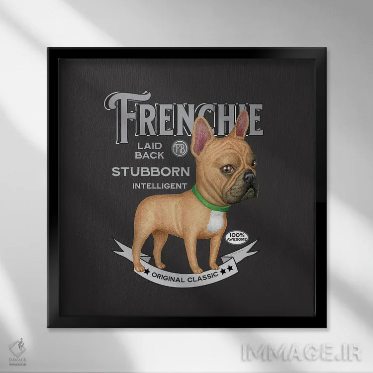 تابلو فرنچ بولداگ با قلاده سبز به سبک قدیمی اثر دنی گوردون - نمای قابدار مشکی