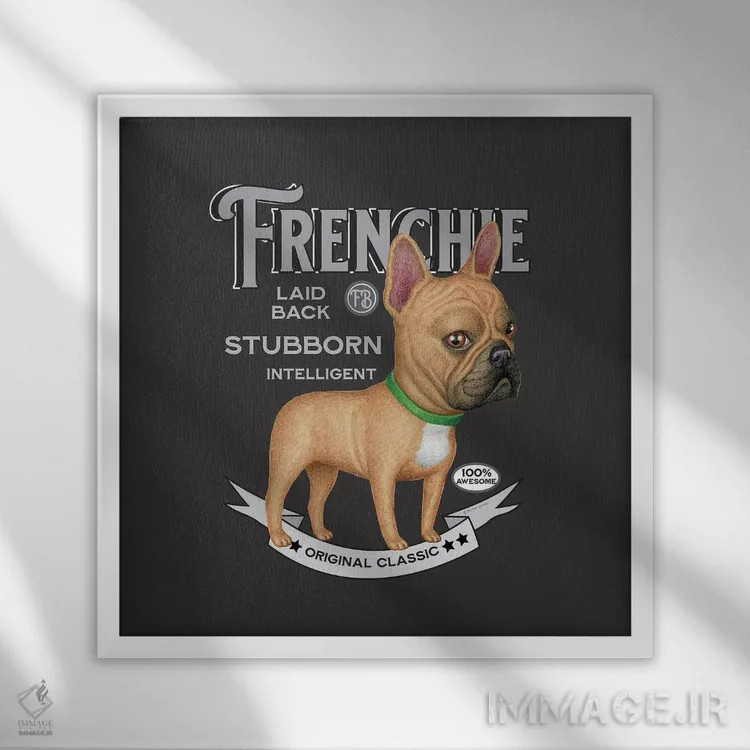 تابلو فرنچ بولداگ با قلاده سبز به سبک قدیمی اثر دنی گوردون - نمای قابدار سفید