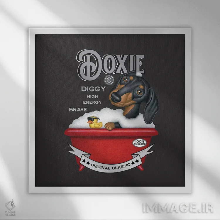 تابلو سگ داشهوند مشکی در وان قرمز به سبک قدیمی اثر دنی گوردون - نمای قابدار سفید