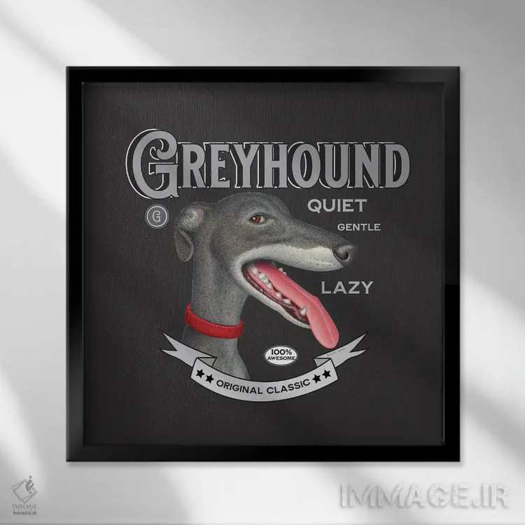 تابلو سگ گریهاند خاکستری با قلاده قرمز به سبک قدیمی اثر دنی گوردون - نمای قابدار مشکی