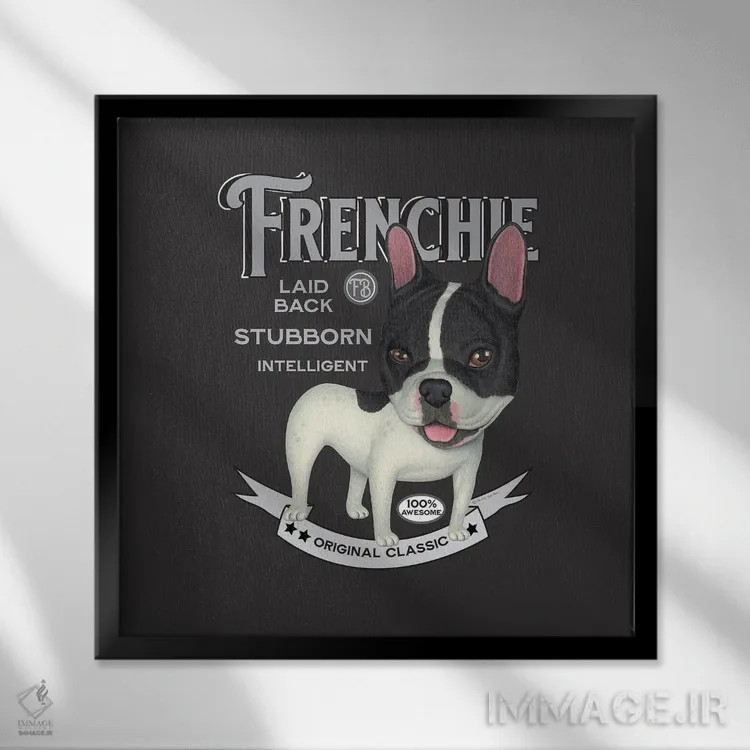 تابلو فرنچ بولداگ سیاه و سفید به سبک قدیمی اثر دنی گوردون - نمای قابدار مشکی