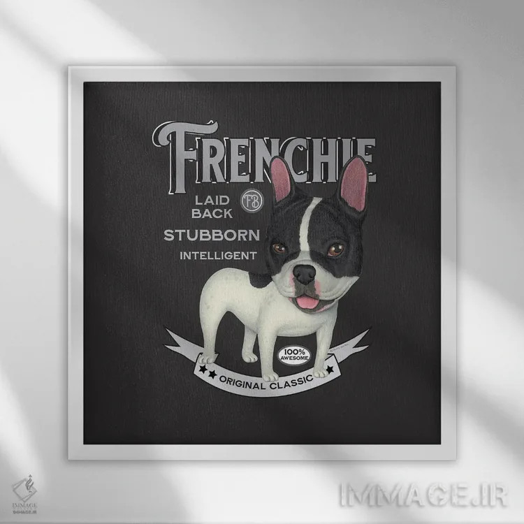تابلو فرنچ بولداگ سیاه و سفید به سبک قدیمی اثر دنی گوردون - نمای قابدار سفید