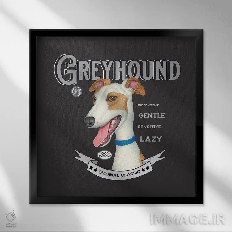 تابلو سگ گریهاند طلایی و سفید به سبک قدیمی اثر دنی گوردون - نمای قابدار مشکی
