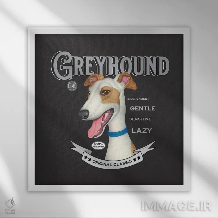 تابلو سگ گریهاند طلایی و سفید به سبک قدیمی اثر دنی گوردون - نمای قابدار سفید