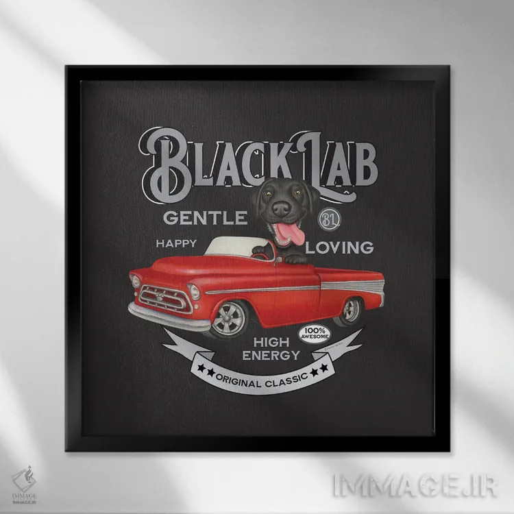 تابلو لابرادور مشکی در کامیون قرمز به سبک قدیمی اثر دنی گوردون - نمای قابدار مشکی
