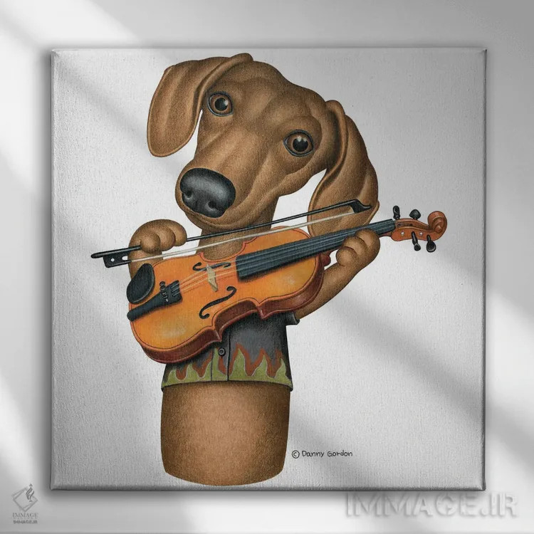 تابلو سگ داشهوند نوازنده ویولن اثر دنی گوردون - نمای روبهرو روی دیوار