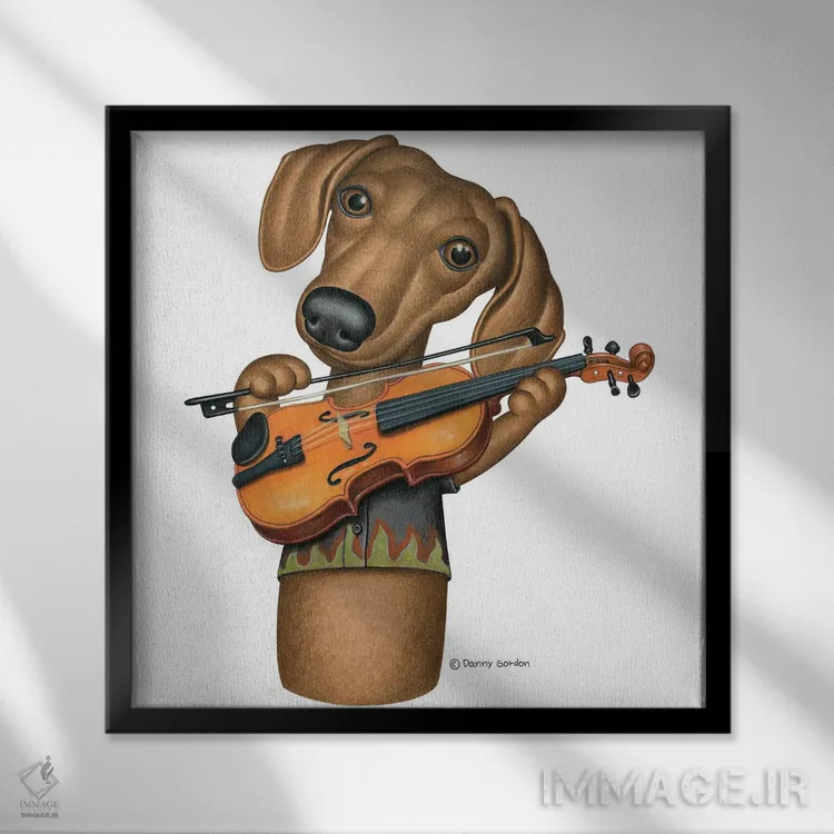 تابلو سگ داشهوند نوازنده ویولن اثر دنی گوردون - نمای قابدار مشکی
