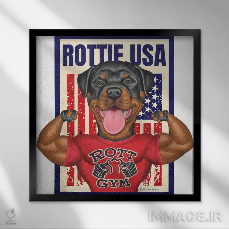 تابلو روتوایлер باشگاه روت آمریکا با پرچم اثر دنی گوردون - نمای قابدار مشکی