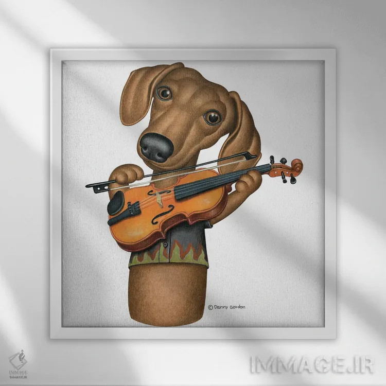 تابلو سگ داشهوند نوازنده ویولن اثر دنی گوردون - نمای قابدار سفید
