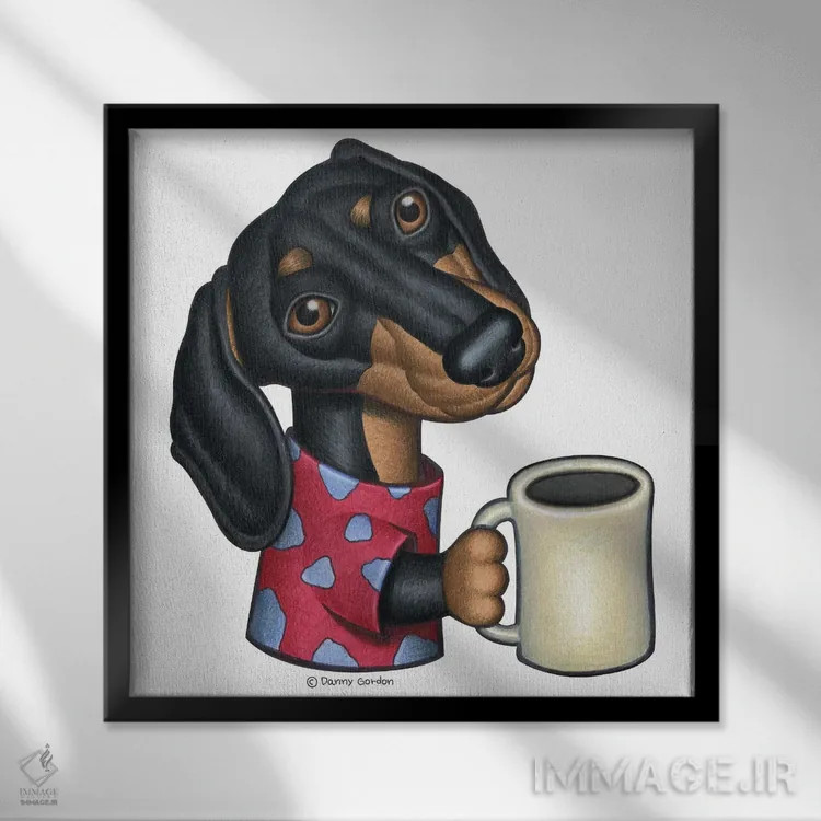 تابلو داشهوند با لیوان قهوه اثر دنی گوردون - نمای قابدار مشکی