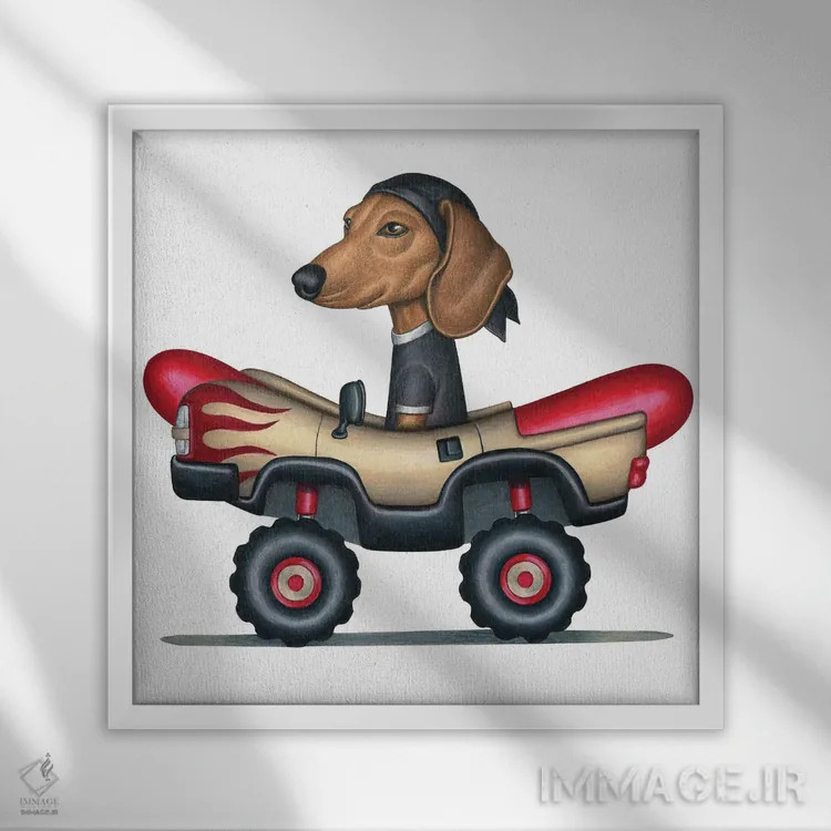 تابلو داشهوند در کامیون مانستر هاتداگ اثر دنی گوردون - نمای قابدار سفید