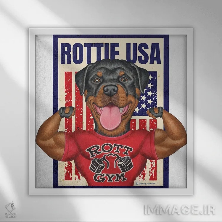 تابلو روتوایлер باشگاه روت آمریکا با پرچم اثر دنی گوردون - نمای قابدار سفید