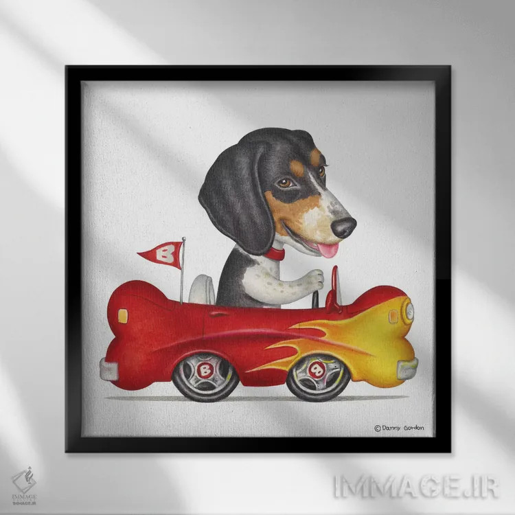 تابلو بیگل با ماشین استخوانی آتشین اثر دنی گوردون - نمای قابدار مشکی