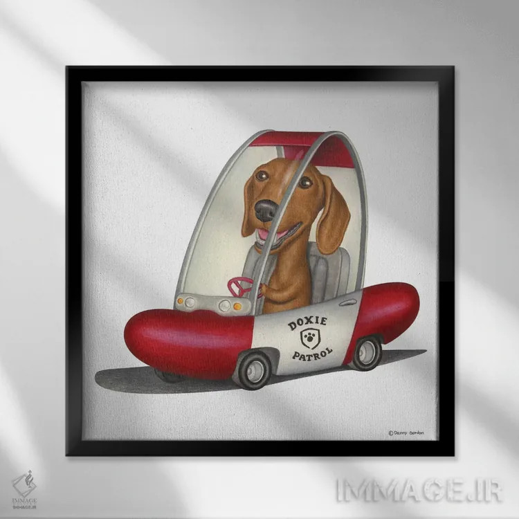 تابلو داشهوند در خودروی گشت اثر دنی گوردون - نمای قابدار مشکی