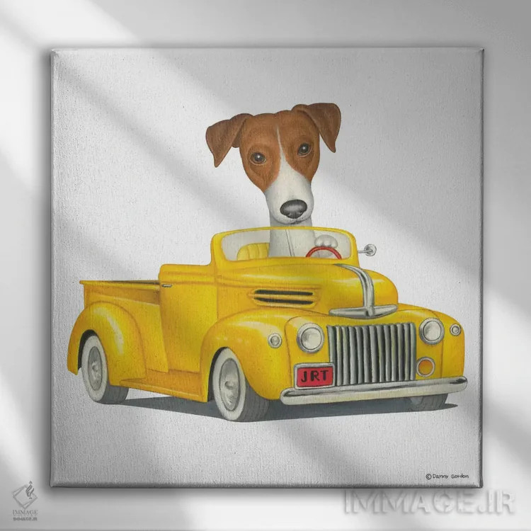 تابلو جک راسل تریر در کامیون زرد اثر دنی گوردون - نمای روبهرو روی دیوار