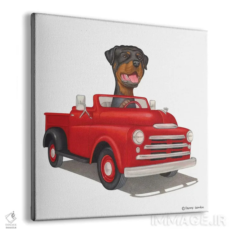 تابلو روتوایلر روی کامیون قرمز اثر دنی گوردون - نمای پرسپکتیو محصول