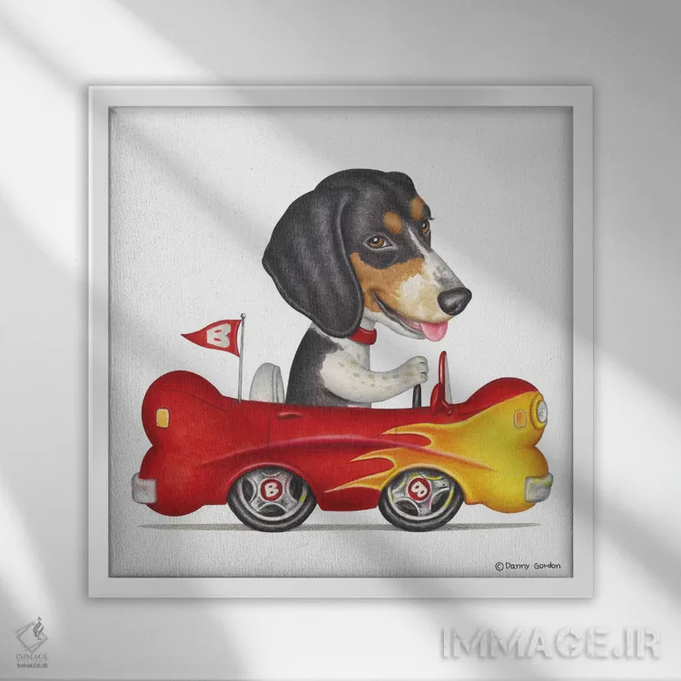 تابلو بیگل با ماشین استخوانی آتشین اثر دنی گوردون - نمای قابدار سفید