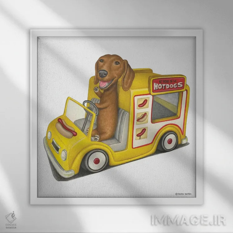 تابلو داشهوند در کامیون هاتداگ اثر دنی گوردون - نمای قابدار سفید