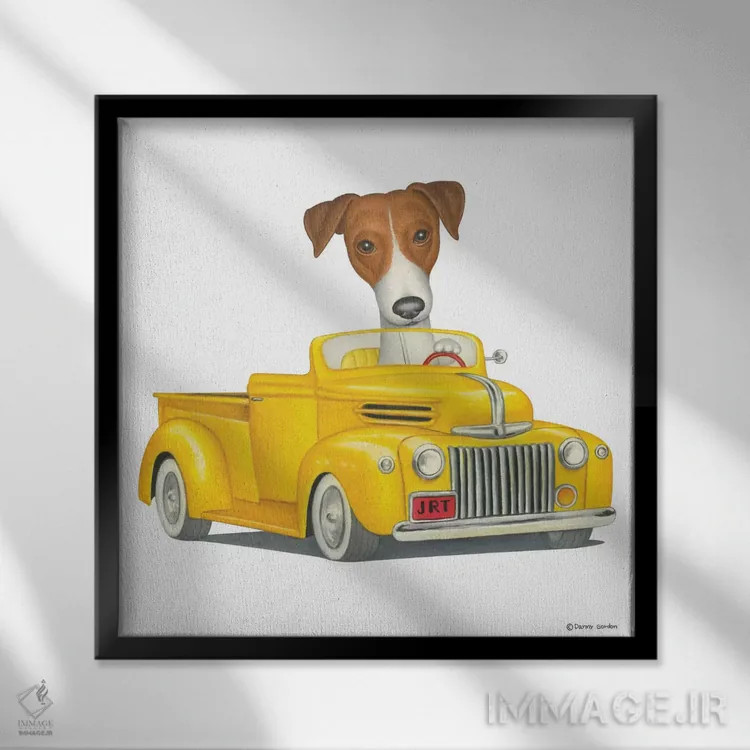 تابلو جک راسل تریر در کامیون زرد اثر دنی گوردون - نمای قابدار مشکی
