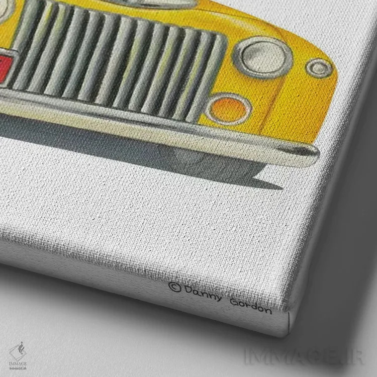 تابلو جک راسل تریر در کامیون زرد اثر دنی گوردون - نمای نزدیک بافت بوم