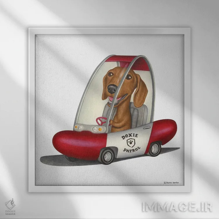 تابلو داشهوند در خودروی گشت اثر دنی گوردون - نمای قابدار سفید