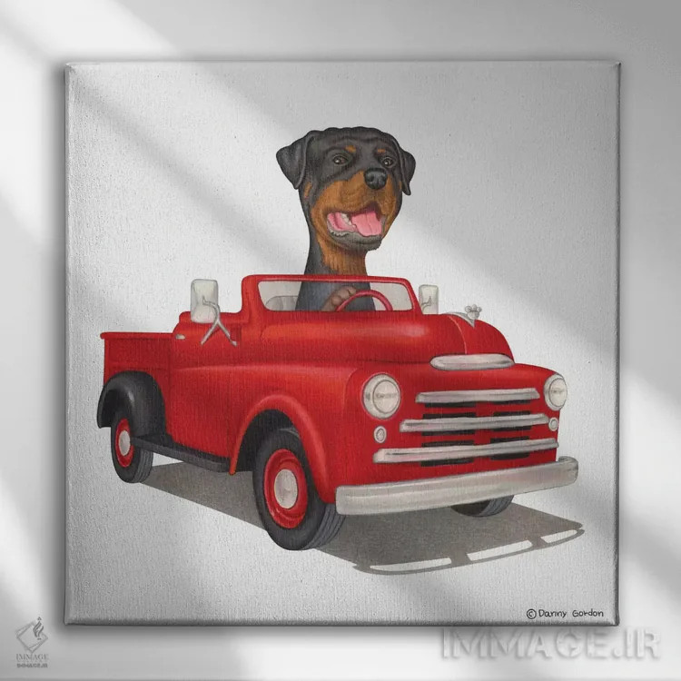 تابلو روتوایلر روی کامیون قرمز اثر دنی گوردون - نمای روبهرو روی دیوار