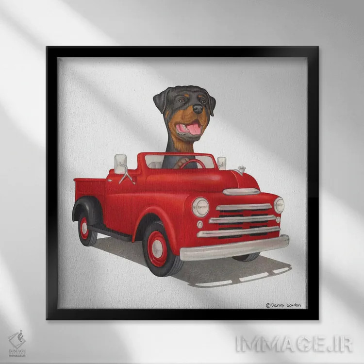 تابلو روتوایلر روی کامیون قرمز اثر دنی گوردون - نمای قابدار مشکی