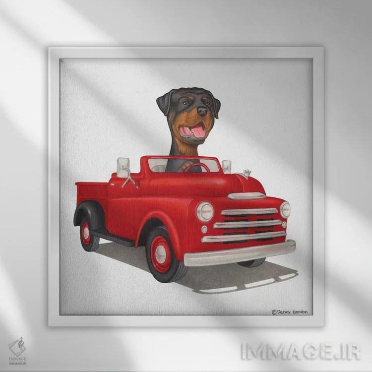 تابلو روتوایلر روی کامیون قرمز اثر دنی گوردون - نمای قابدار سفید