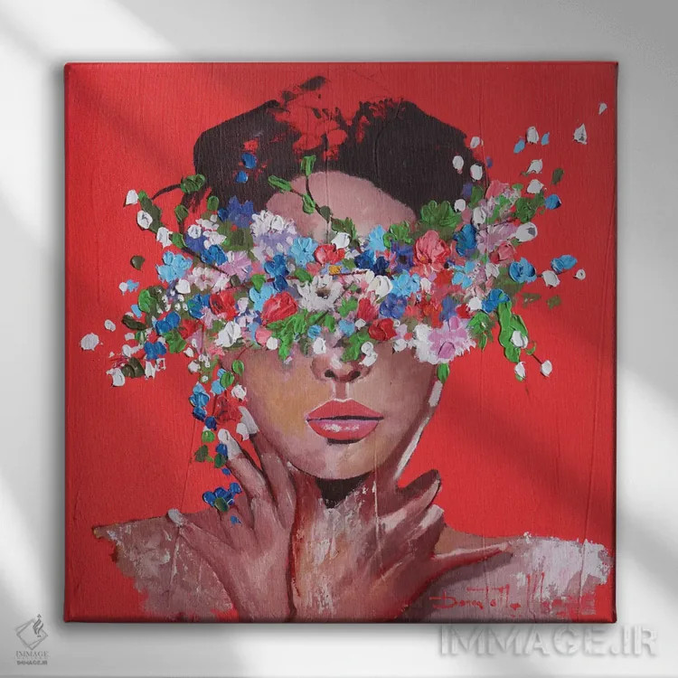 تابلو زن با گلها اثر دوناتلا مارائونی - نمای روبهرو روی دیوار