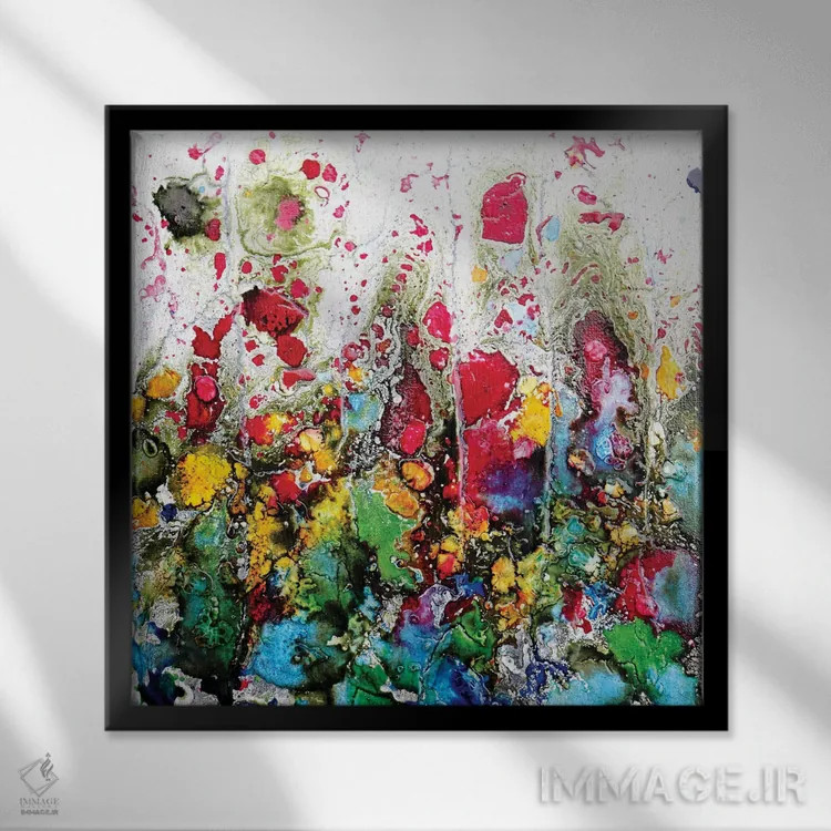 تابلو شقایقها و دوستان در میان آبی اثر دوناتلا مارائونی - نمای قابدار مشکی