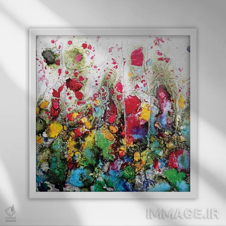 تابلو شقایقها و دوستان در میان آبی اثر دوناتلا مارائونی - نمای قابدار سفید