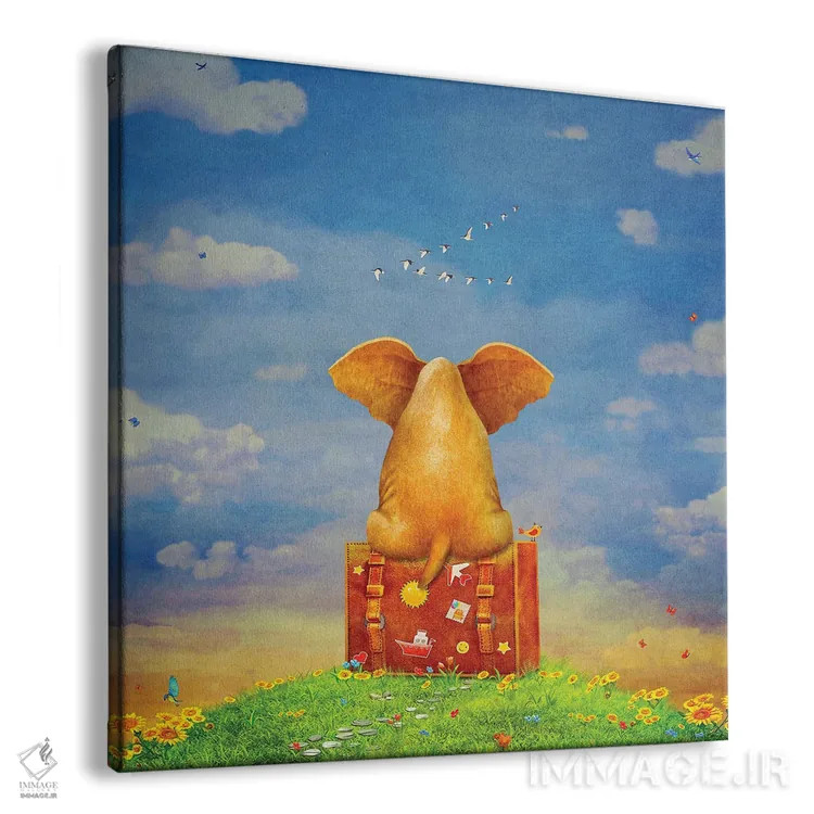 تابلو فیل نشسته روی چمدان در مرتع (هنر تصویری) اثر ناتامک - نمای پرسپکتیو محصول