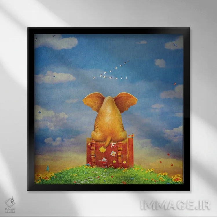 تابلو فیل نشسته روی چمدان در مرتع (هنر تصویری) اثر ناتامک - نمای قابدار مشکی