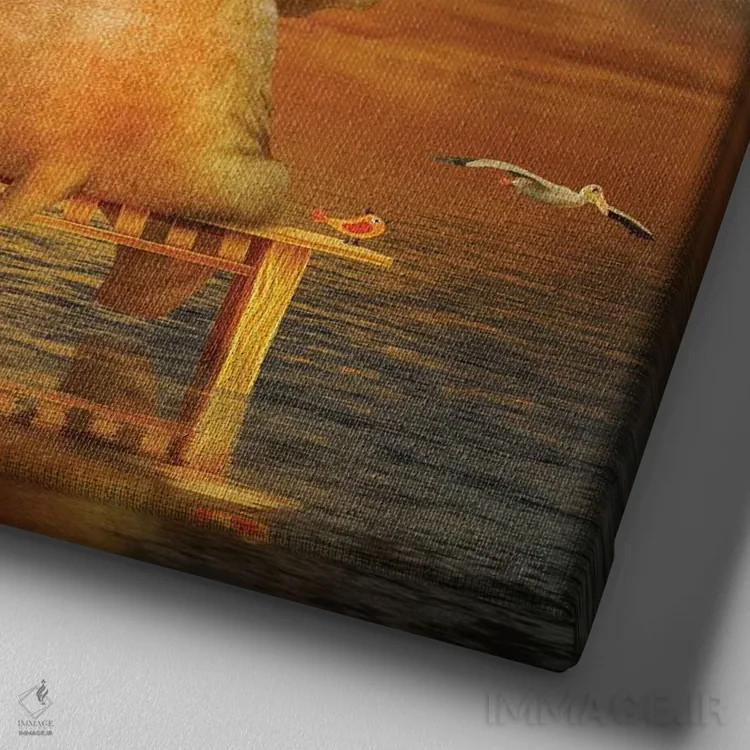 تابلو فیل و خرگوش نشسته روی نیمکت و تماشای طلوع خورشید اثر ناتامک - نمای نزدیک بافت بوم