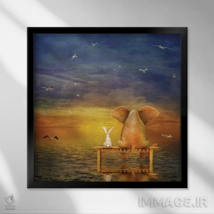 تابلو فیل و خرگوش نشسته روی نیمکت و تماشای طلوع خورشید اثر ناتامک - نمای قابدار مشکی