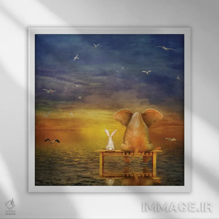 تابلو فیل و خرگوش نشسته روی نیمکت و تماشای طلوع خورشید اثر ناتامک - نمای قابدار سفید