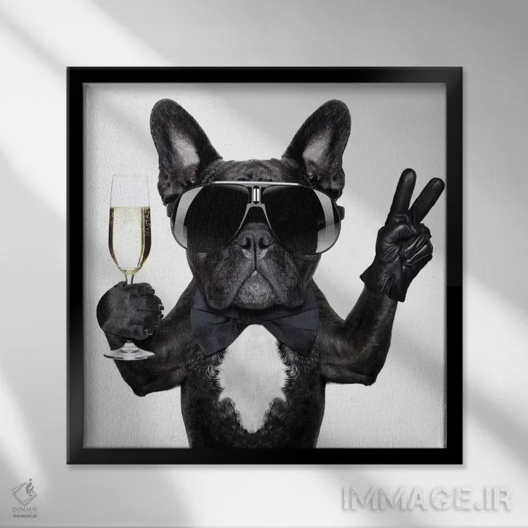 تابلو سگ و نوشیدنی کوکتیل اثر دَمِدیزو - نمای قابدار مشکی