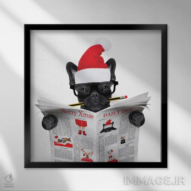 تابلو سگی که در تعطیلات کریسمس روزنامه میخواند اثر دَمِدیزو - نمای قابدار مشکی