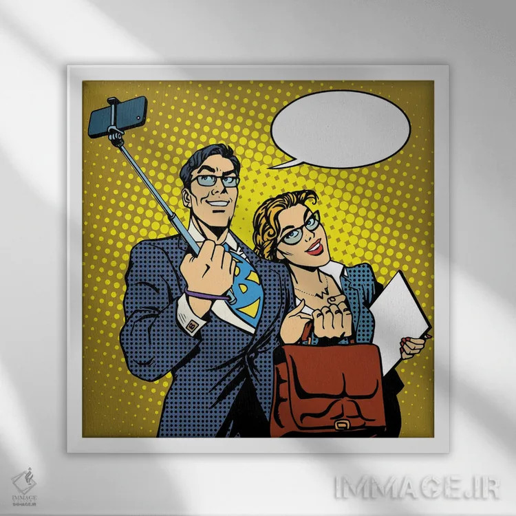 تابلو تاجر و تاجرزن سلفیگیر با گوشی هوشمند اثر دپوزیت فوتوز (سایت بانک تصویر) - نمای قابدار سفید