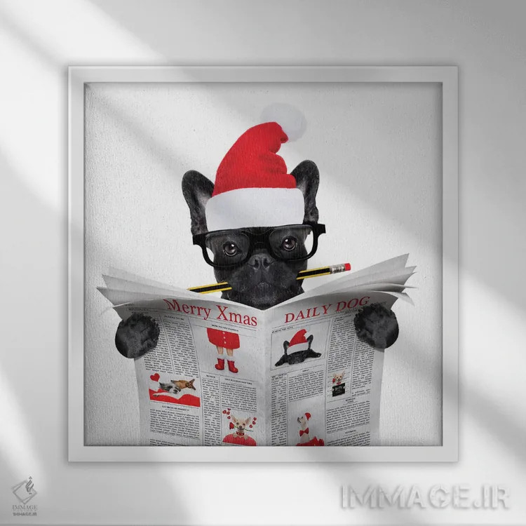 تابلو سگی که در تعطیلات کریسمس روزنامه میخواند اثر دَمِدیزو - نمای قابدار سفید