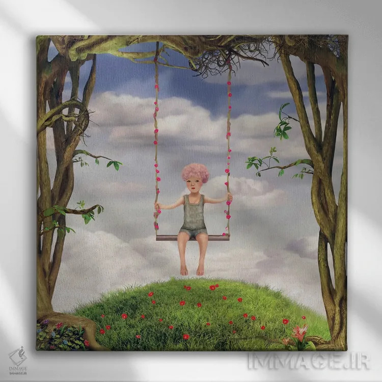 تابلو تصویرسازی پسری در باغ اثر ناتامک - نمای روبهرو روی دیوار