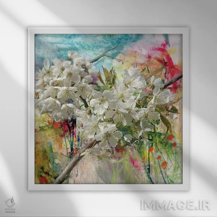 تابلو درخت سیب شکوفه داده (نقاشی و تکنیک ترکیبی) اثر کووچِک - نمای قابدار سفید